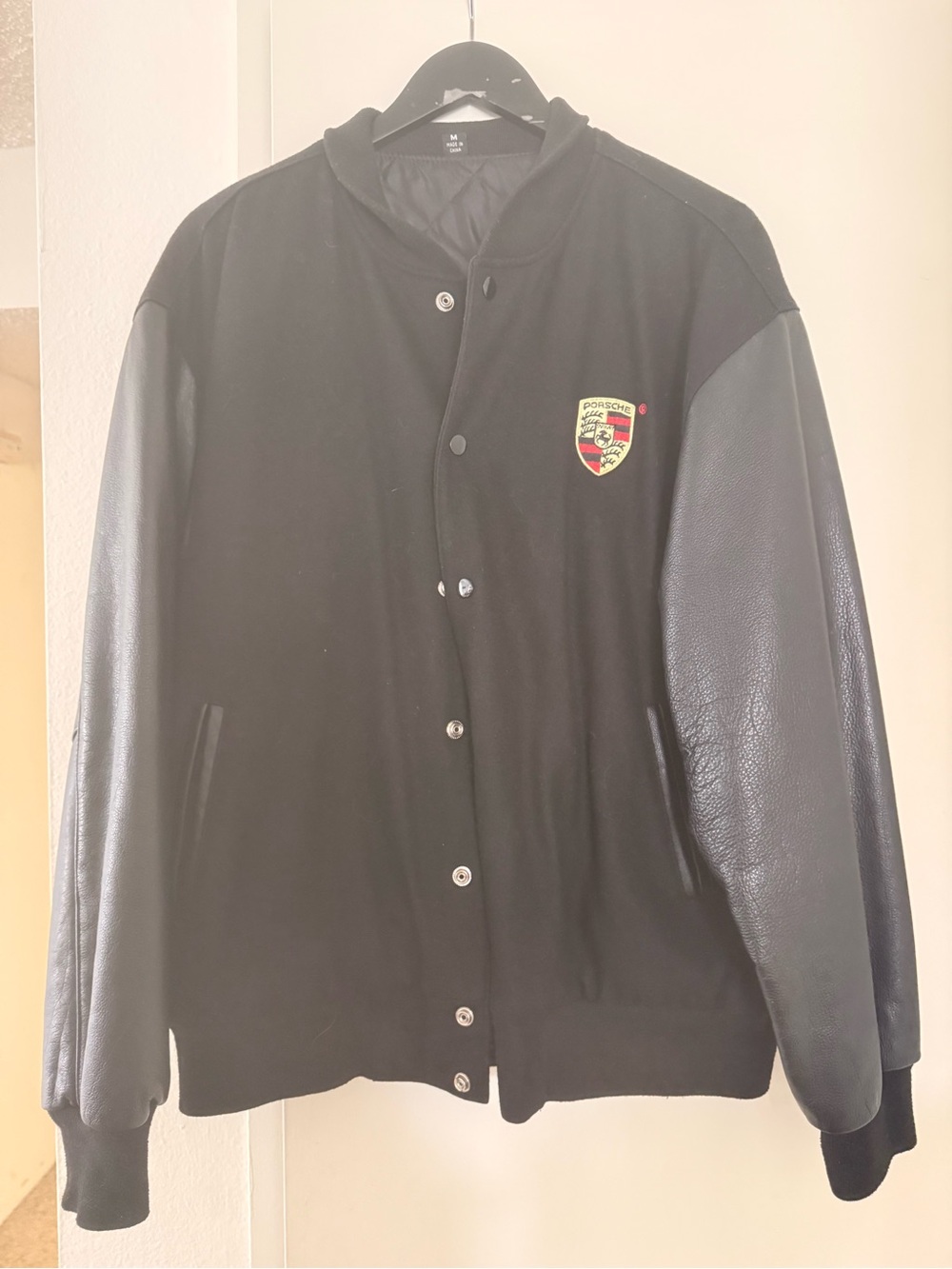 Black Men's Bomber Jacket with Leather Sleeves